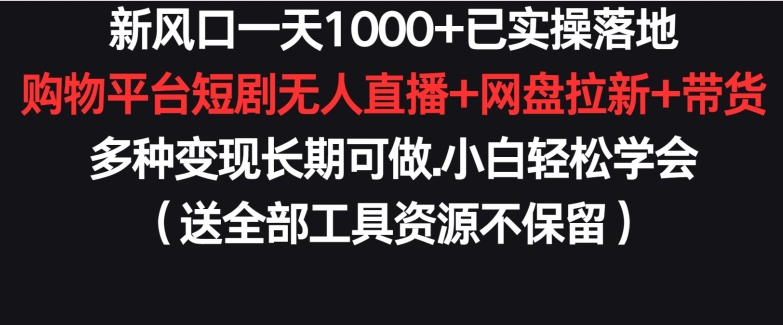 新風口一天1000+已實操落地購物平臺短劇無人直播+網盤拉新+帶貨多種變現長期可做【揭秘】