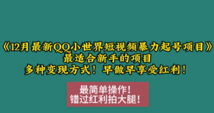 12月最新QQ小世界短視頻暴力起號項目，最適合新手的項目，多種變現方式