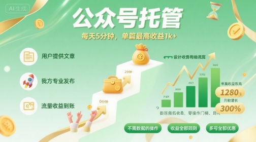 【公眾號托管 】我提供文章,你發布,每天5分鐘,單篇最高收益1k+【揭秘】