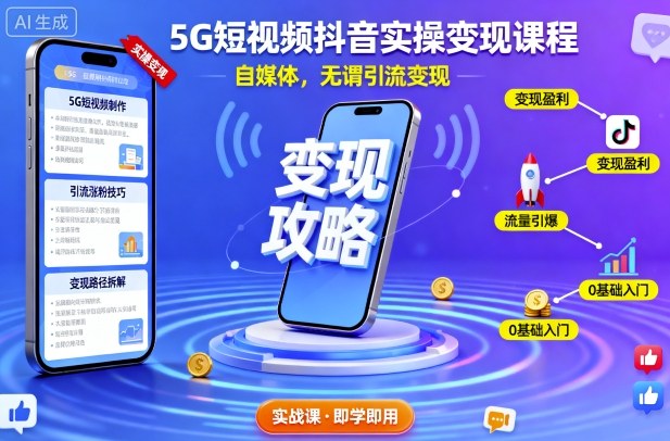 5G短視頻抖音實操變現課程,自媒體,無謂引流變現