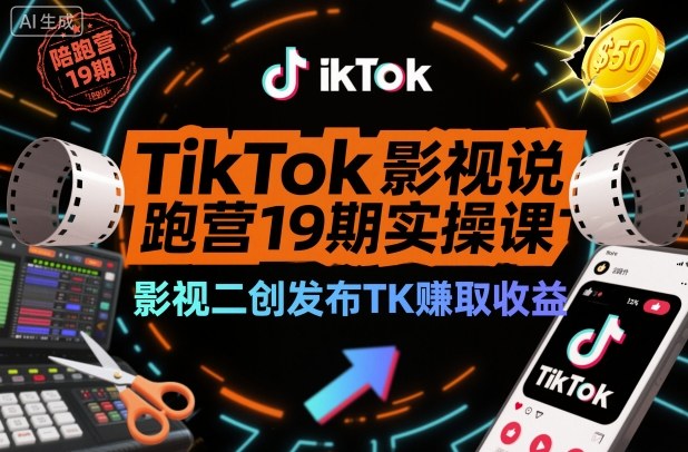 TikTok影視解說陪跑營19期實操課,影視二創發布TK賺取收益,萬播收益50美金