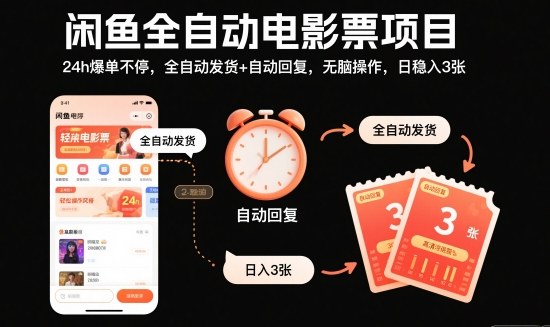 閑魚全自動電影票項目，24h爆單不停，全自動發貨+自動回復，無腦操作，日穩入3張【揭秘】