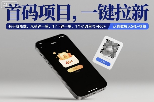 首碼項目，一鍵拉新，有手就能做，幾秒鐘一單，1個小時單號可60+，認真做每天5張+收益【揭秘】