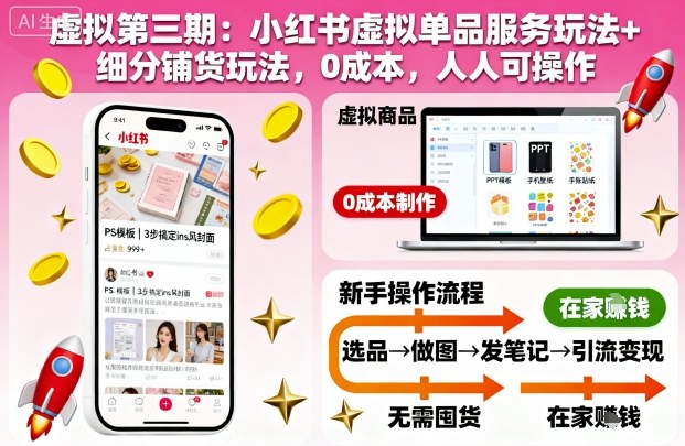 虛擬第三期:小紅書虛擬單品服務(wù)玩法+細(xì)分鋪貨玩法,0成本,人人可操作(更新)