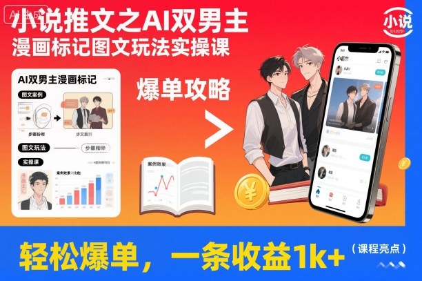 小說推文之AI雙男主漫畫標記圖文玩法實操課，輕松爆單，一條收益1k+