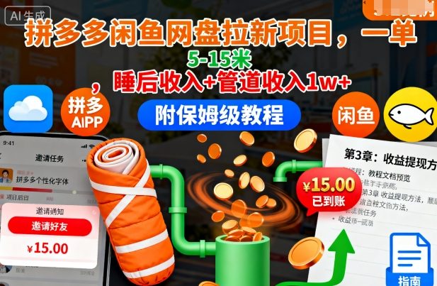 拼多多閑魚網盤拉新項目,一單5-15米,睡后收入+管道收入1w+(附保姆級教程)