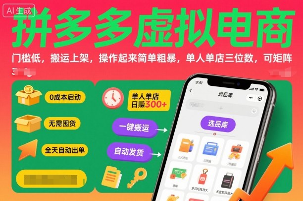 拼多多虛擬電商，門檻低，搬運上架，操作起來簡單粗暴，單人單店三位數，可矩陣