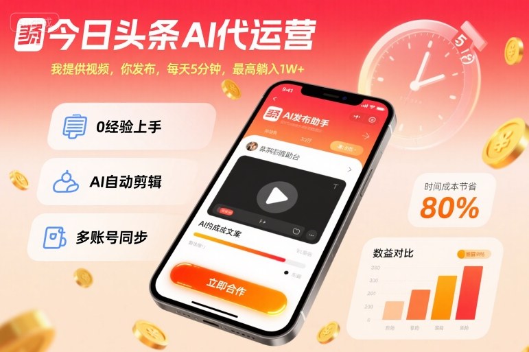 今日頭條AI代運營,我提供視頻,你發布,每天5分鐘,最高躺入1W+【揭秘】