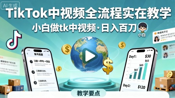 TikTok中視頻全流程實操教學,小白做tk中視頻,日入百刀