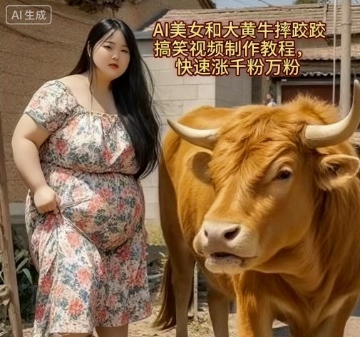 AI美女和大黃牛摔跤搞笑荒誕視頻制作教程,快速漲千粉萬粉