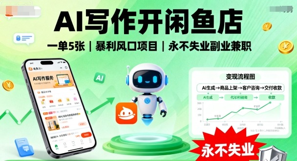 AI寫作開閑魚店,一單5張,暴利風口項目,永不失業副業兼職【全網首發】