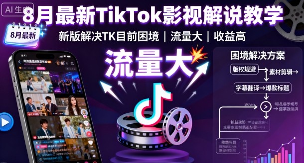 8月最新TikTok影視解說教學,新版解決TK目前困境,流量大,收益高