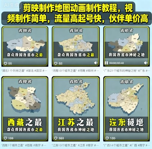 剪映制作地圖動畫制作教程,視頻制作簡單,流量高起號快,伙伴單價高