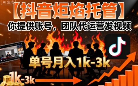 【抖音炬焰托管】你提供賬號，團隊代運營發視頻，單號月入1k+【揭秘】