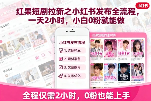 紅果短劇拉新之小紅書發(fā)布全流程，一天2小時，小白0粉就能做
