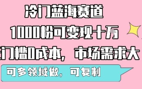 冷門藍海賽道，1000粉可變現十W，無門檻0成本，市場需求大，可多領域做，可復制性強