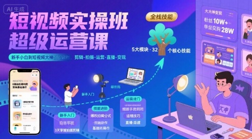 短視頻實操班超級運營課，新手小白到短視頻大神必修課程，剪輯-拍攝-運營-直播-變現(xiàn)