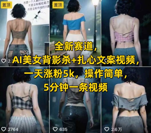 全新賽道，AI美女背影殺+扎心文案視頻，一天漲粉5k，操作簡單，5分鐘一條視頻