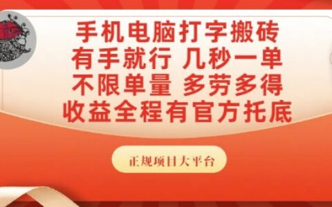 手機電腦打字搬磚，副業可發展主業來做藍海項目，有手就行，幾秒一單，不限單量，多勞多得【揭秘】