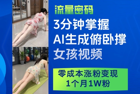 3分鐘掌握AI生成俯臥撐女孩視頻,零成本漲粉變現,1個月1W粉