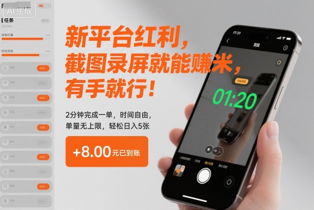 新平臺紅利,截圖錄屏就能賺米,有手就行!2分鐘完成一單,時間自由,單量無上限,輕松日入5張【揭秘】