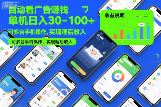自動看廣告賺錢,單機日入30-100+,可多臺手機操作,實現睡后收入【揭秘】