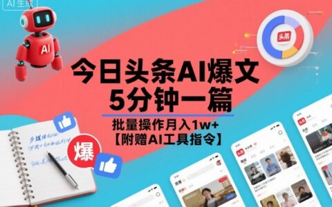 今日頭條AI爆文，5分鐘一篇，批量操作月入1w+【附贈AI工具指令】
