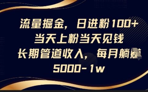 流量掘金，日進粉100+，當天上粉當天見錢，長期管道收入，每月躺掙5k