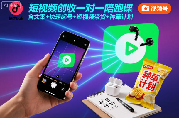 短視頻創(chuàng)收一對(duì)一陪跑課,含文案+快速起號(hào)+短視頻帶貨+種草計(jì)劃