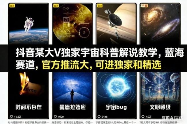 抖音某大V獨家宇宙科普解說教學,藍海賽道,官方推流大,可進獨家和精選
