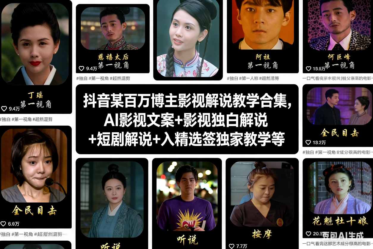 抖音某百萬博主影視解說教學合集，AI影視文案+影視獨白解說+短劇解說+入精選簽獨家教學等